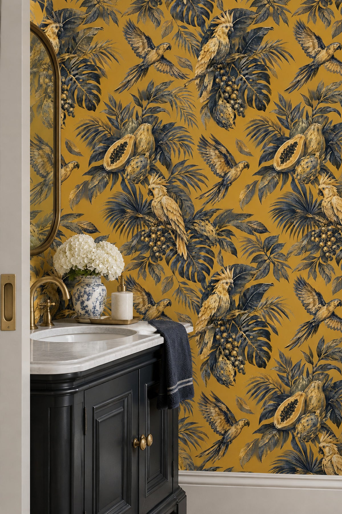 Parrots And Jungle Leaves Wallpaper Gold Background