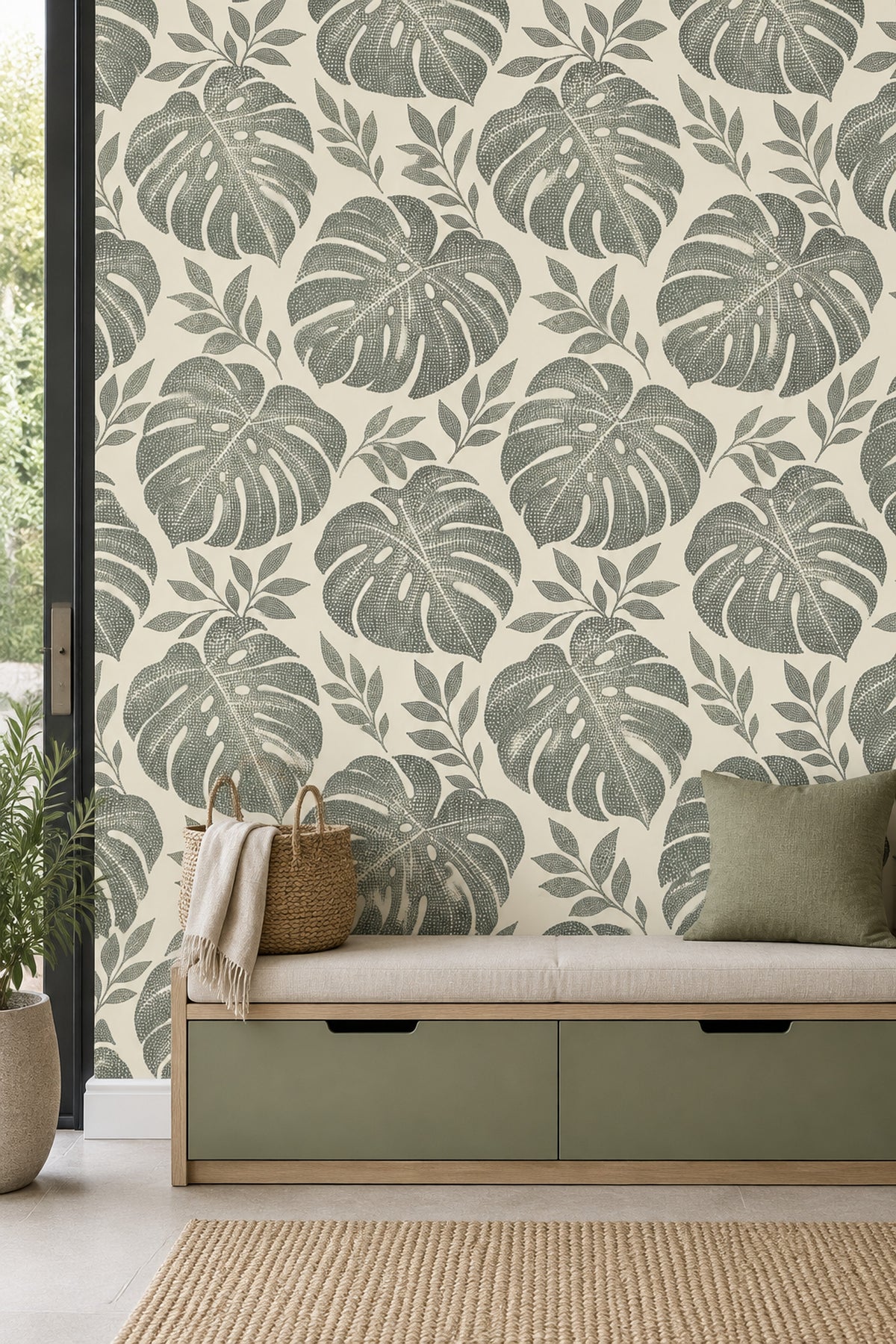 Monstera Leaves Wallpaper Stippled Botanical Pattern Cream Sage
