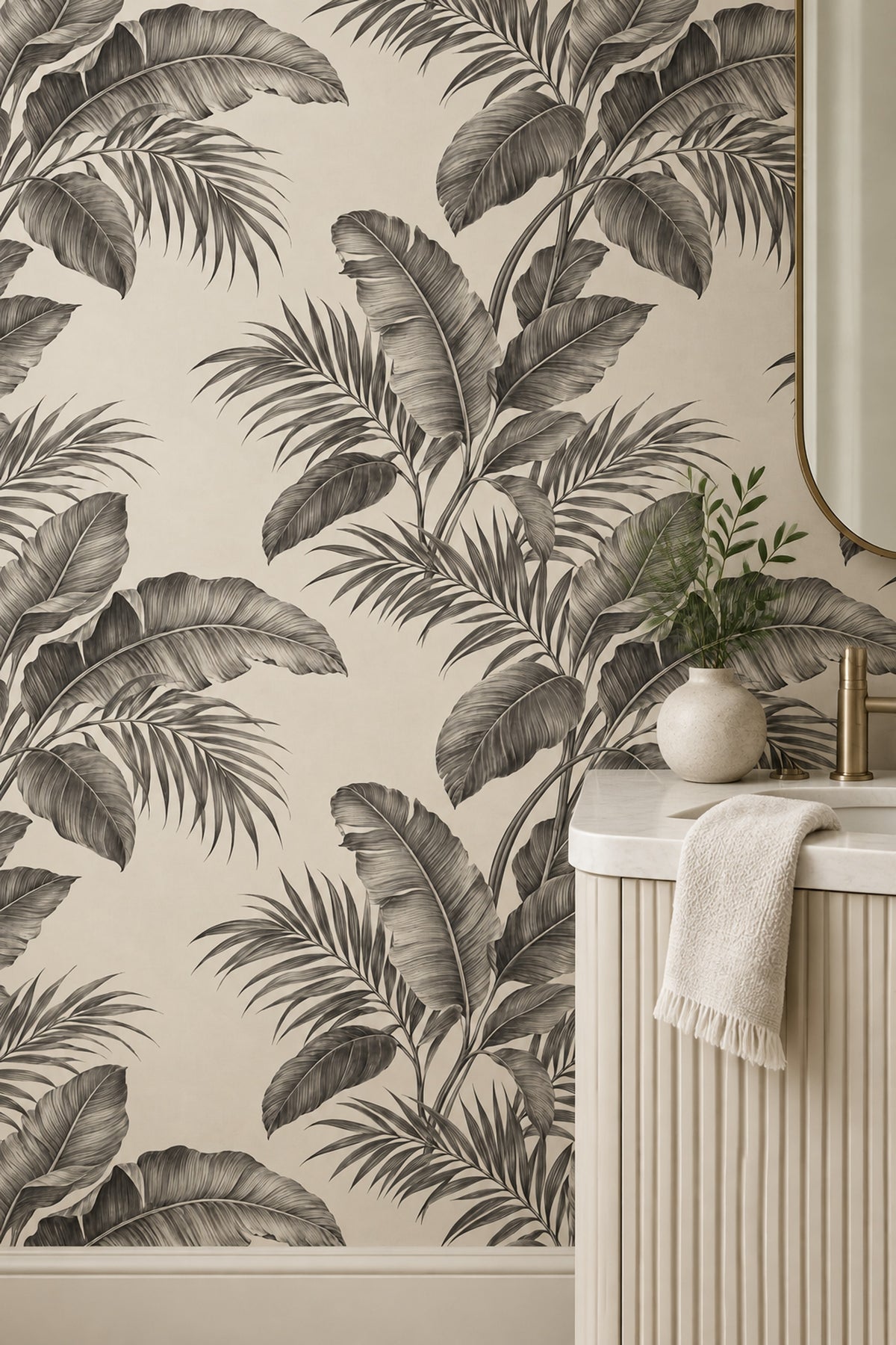 Tropical Leaves Wallpaper Grayscale Banana Leaf Ivory Background