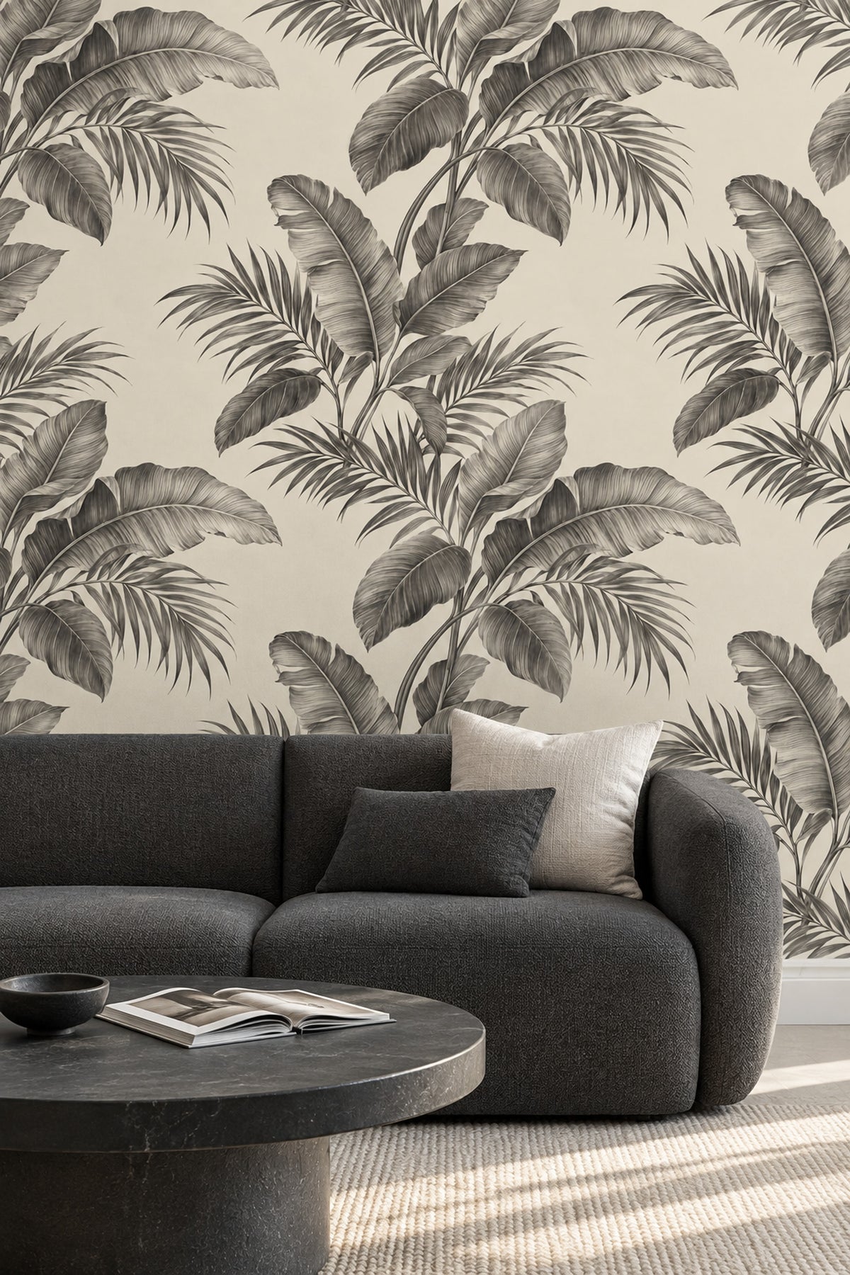 Tropical Leaves Wallpaper Grayscale Banana Leaf Ivory Background