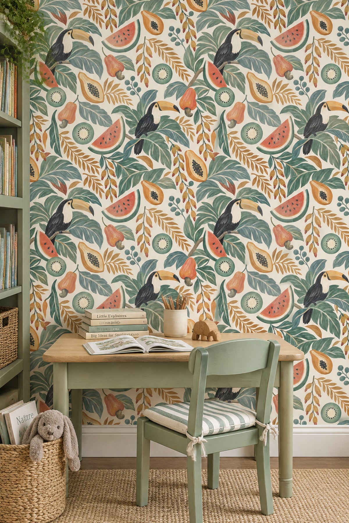 Toucan And Tropical Fruit Wallpaper Green Leaves Bright Palette