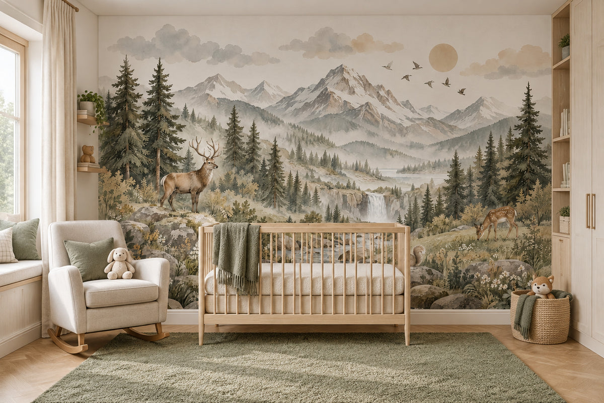Deer And Waterfall Mountain Wallpaper Alpine Woodland Wall Mural