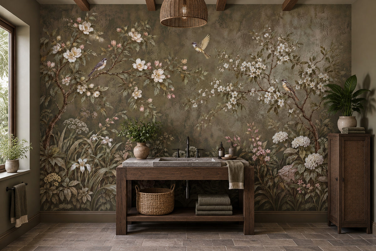 Blossoming Branches And Birds Wallpaper Vintage Chinoiserie Wall Mural