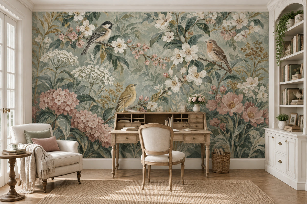 Birds And Blossom Branches Wallpaper Vintage Garden Wall Mural