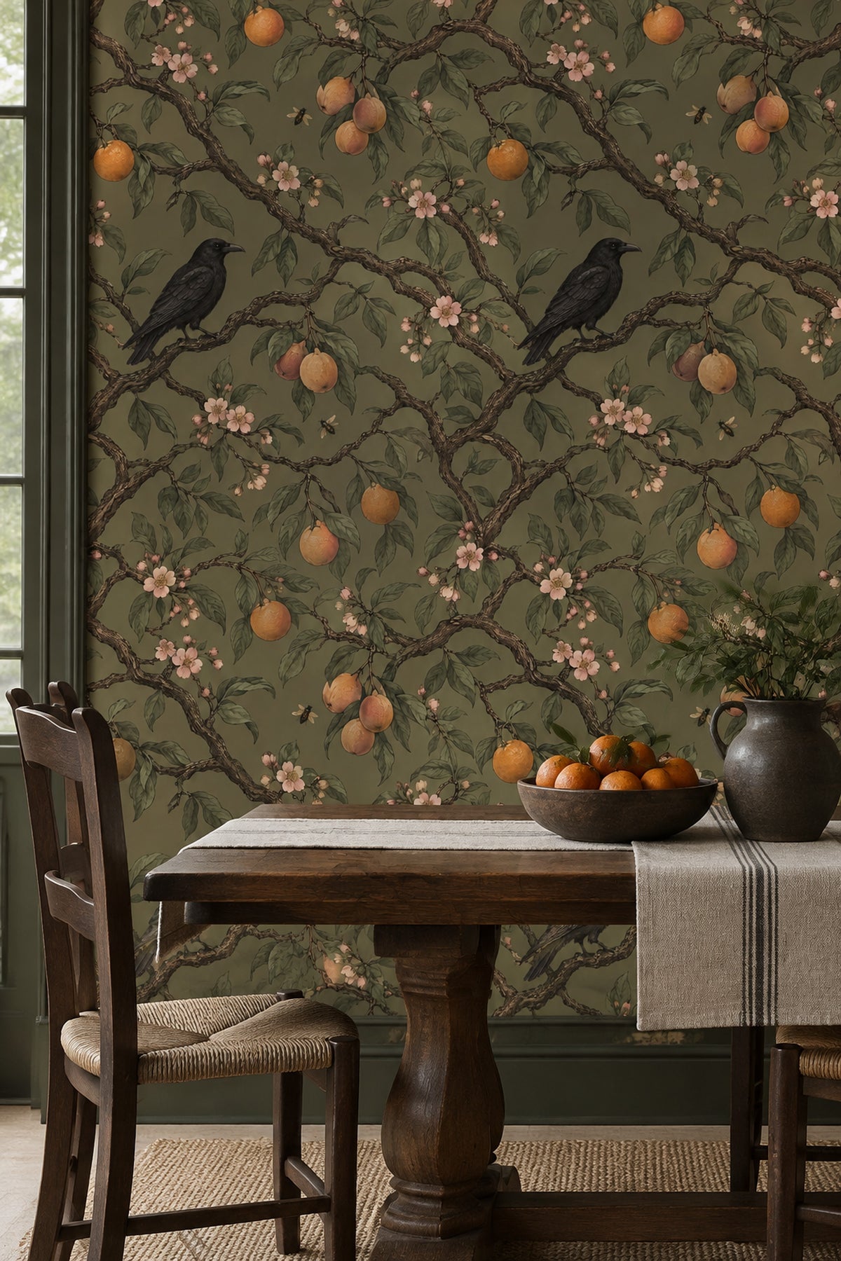 Raven And Citrus Branches Wallpaper Muted Green Vintage Botanical