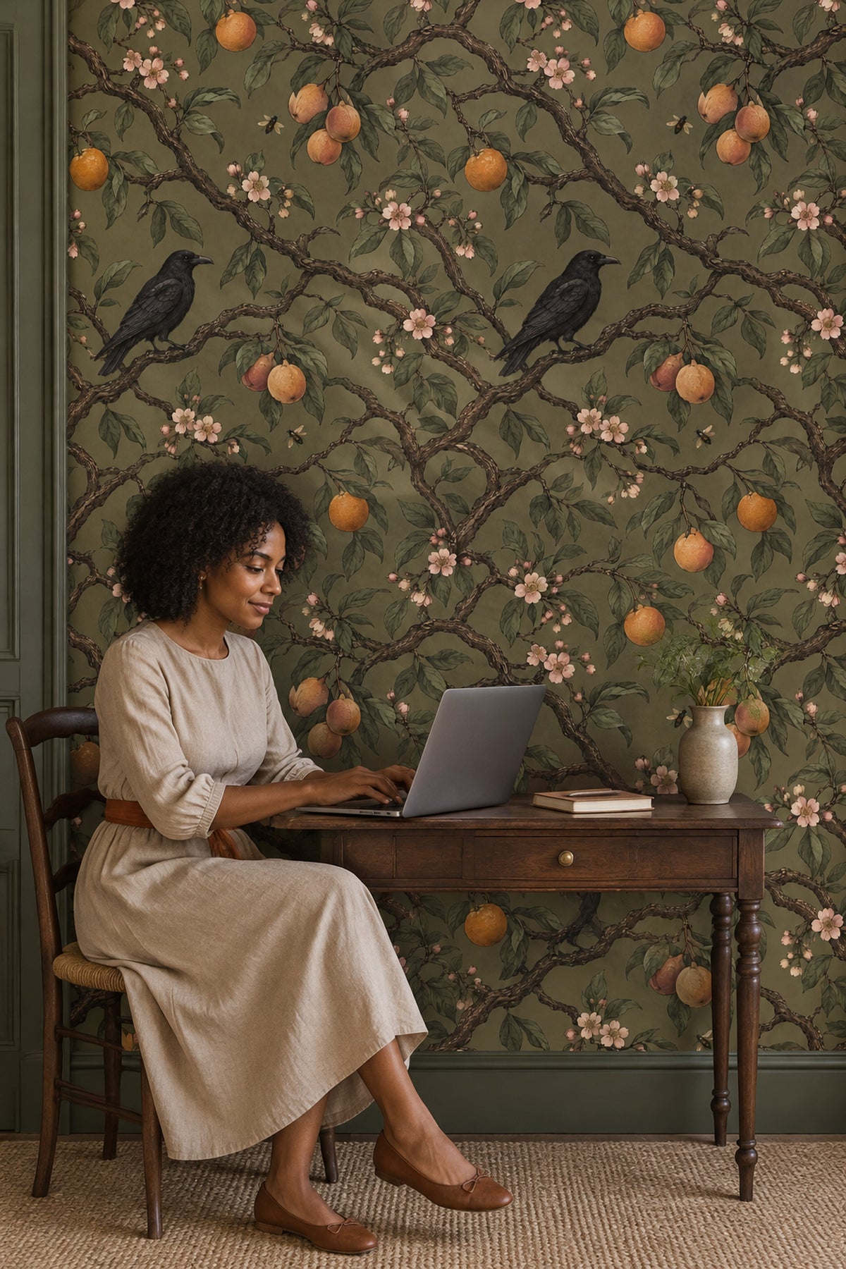 Raven And Citrus Branches Wallpaper Muted Green Vintage Botanical