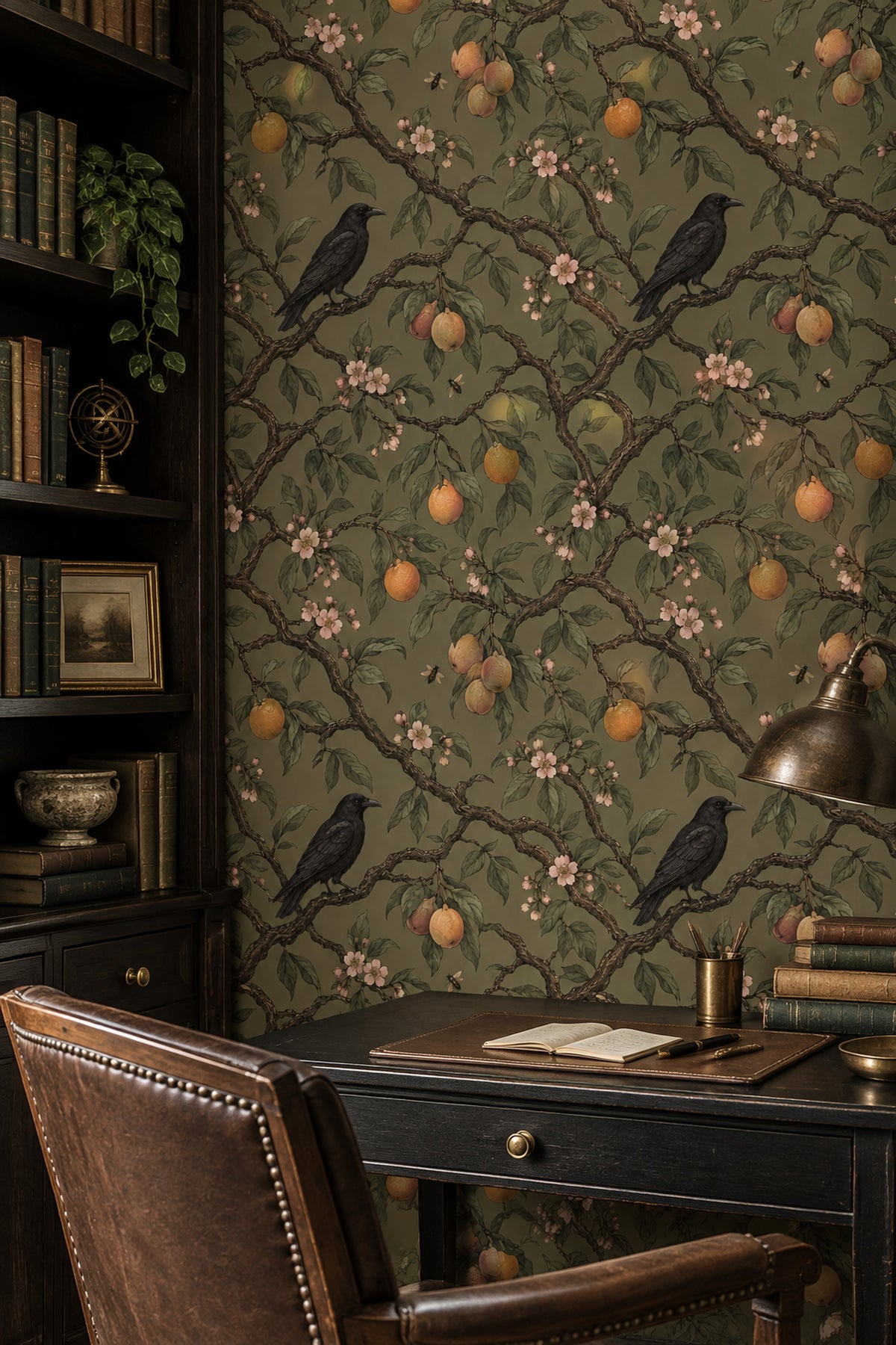 Raven And Citrus Branches Wallpaper Muted Green Vintage Botanical