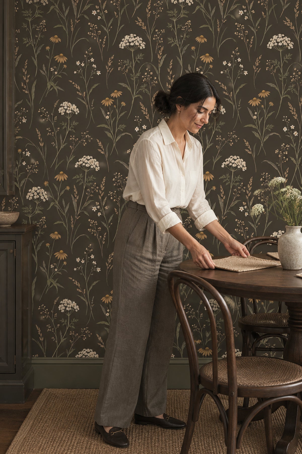 Wildflower Stems Wallpaper Dark Floral Brown Olive