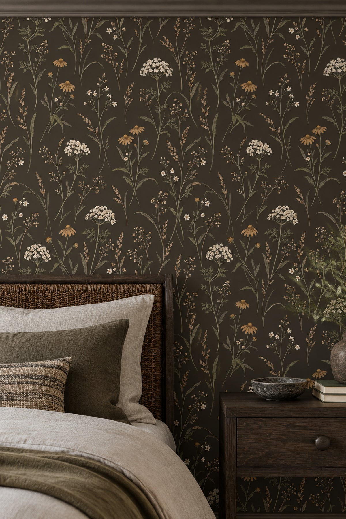 Wildflower Stems Wallpaper Dark Floral Brown Olive