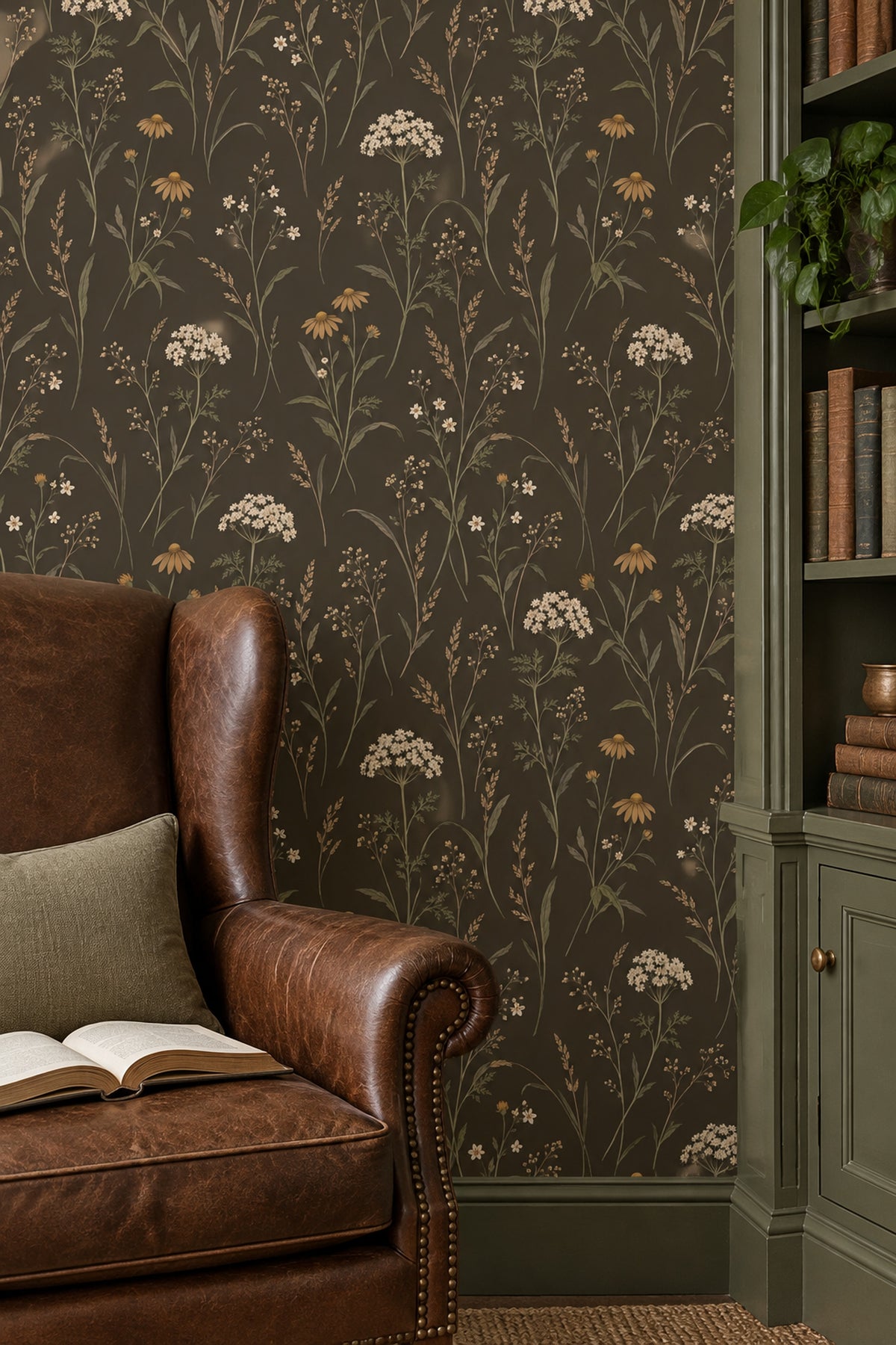 Wildflower Stems Wallpaper Dark Floral Brown Olive