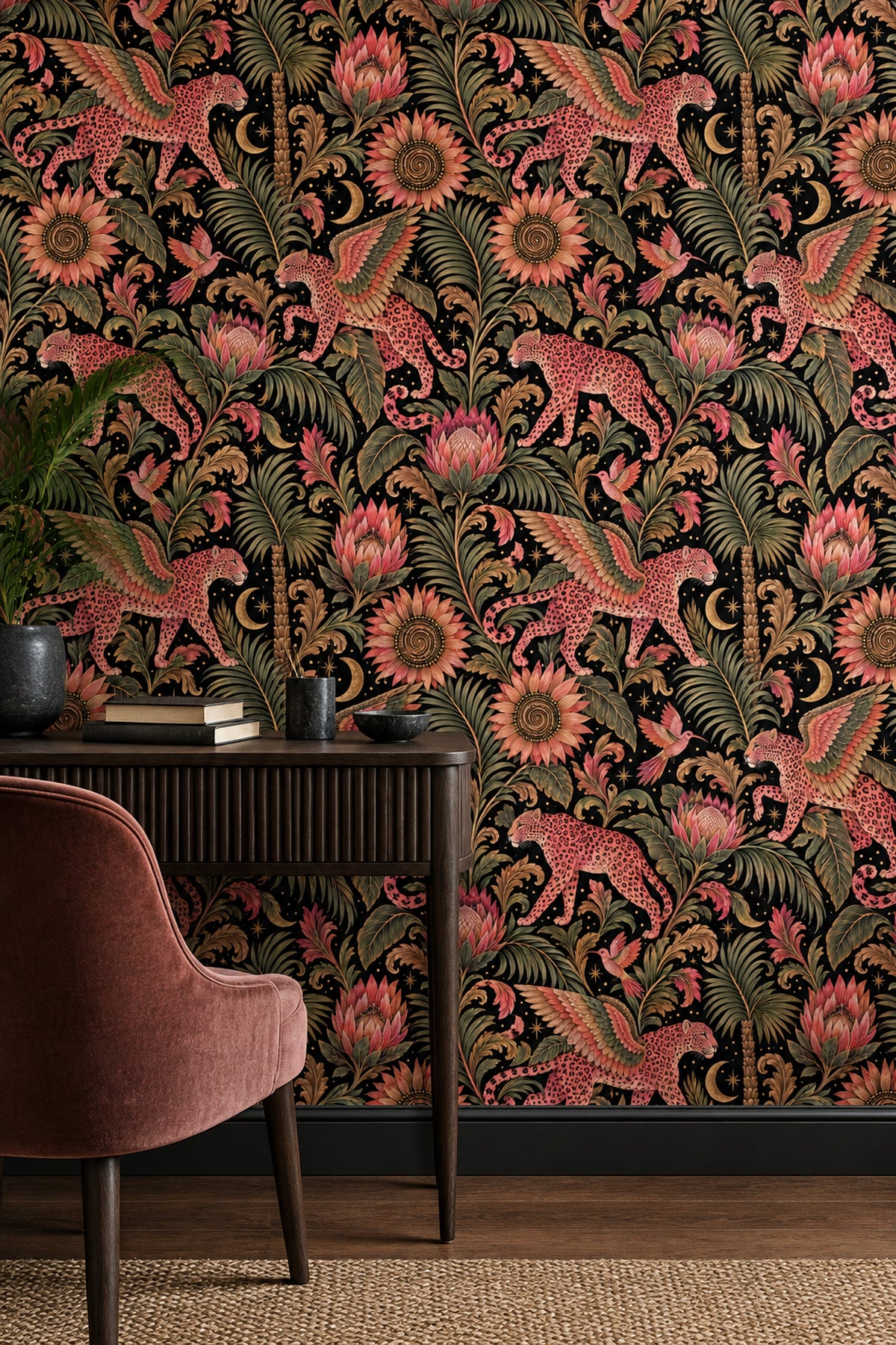 Winged Pink Leopards Wallpaper Tropical Floral Night Sky