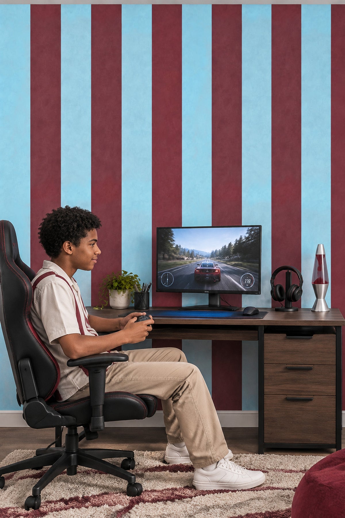 Vertical Stripes Wallpaper Light Blue And Burgundy Red