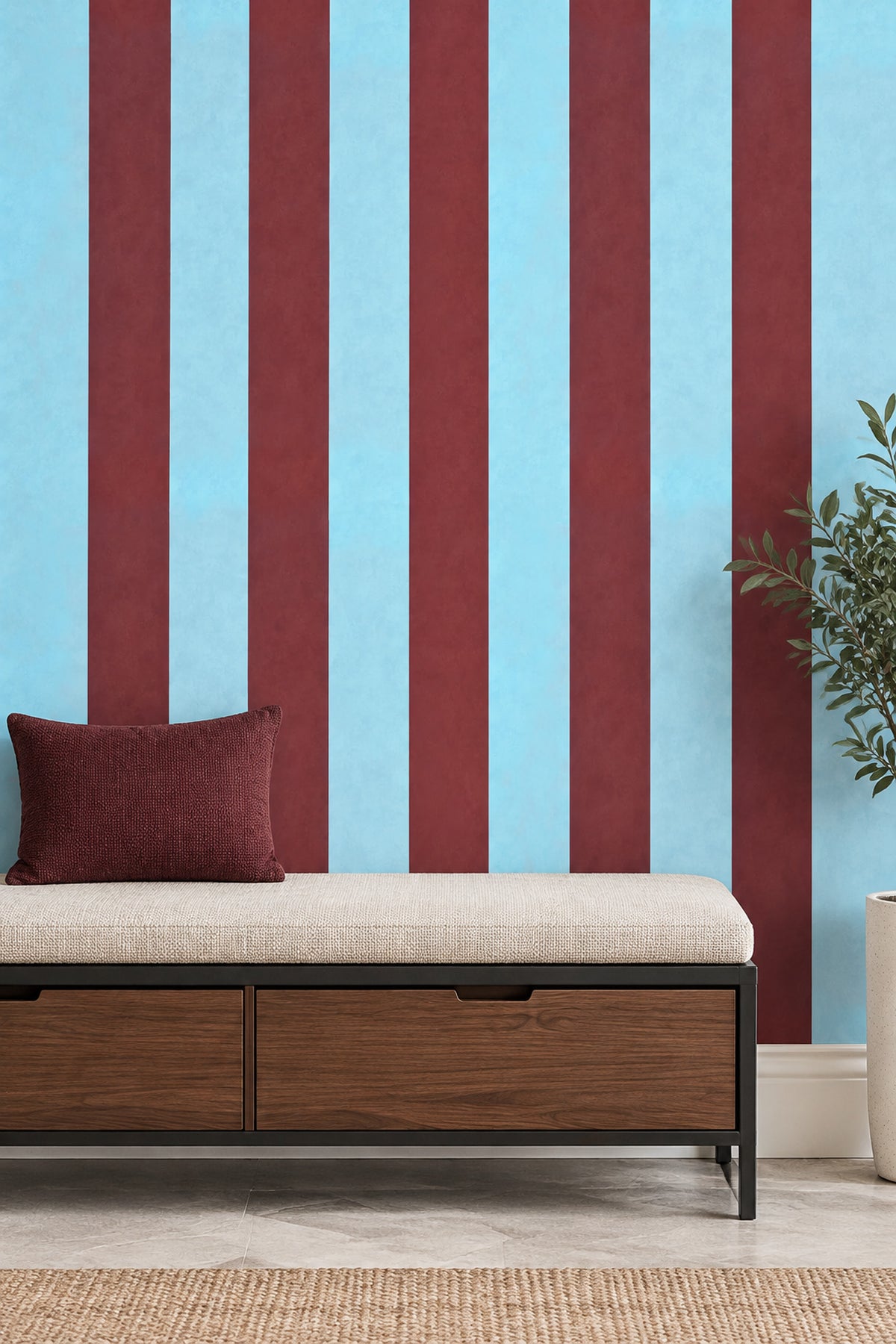 Vertical Stripes Wallpaper Light Blue And Burgundy Red