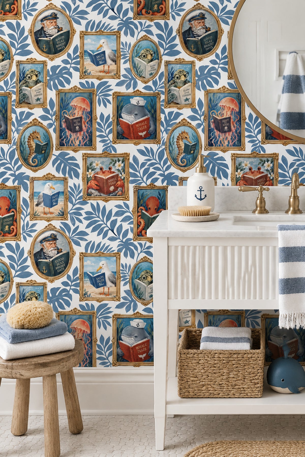 Storybook Sea Animals In Gold Frames Wallpaper White Background