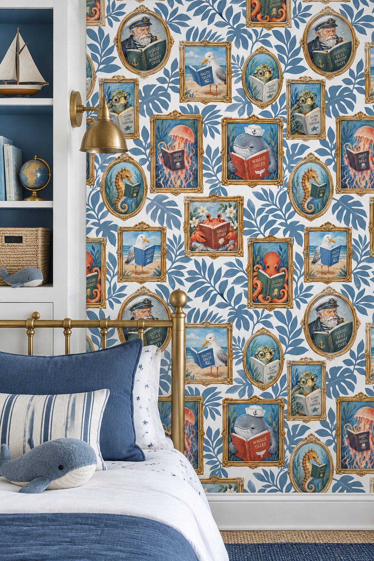 Storybook Sea Animals In Gold Frames Wallpaper White Background
