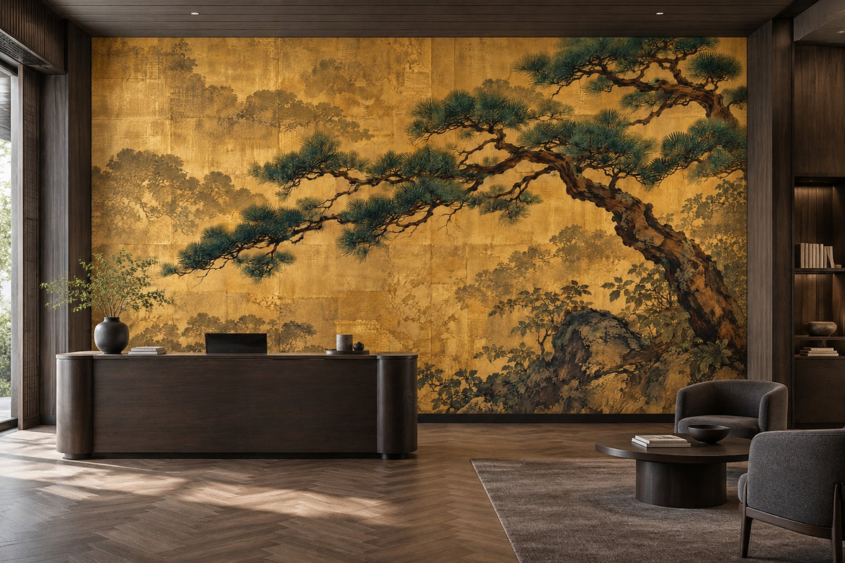 Twisted Pine Tree Wallpaper Mural Gold Leaf Japanese Landscape