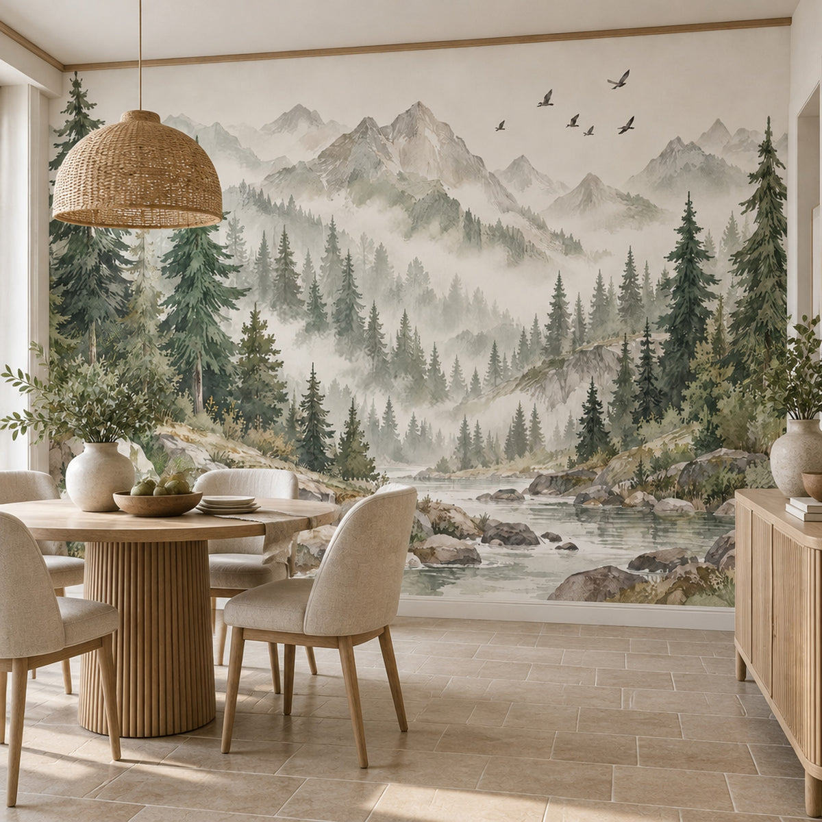 Misty Pine Forest Wallpaper Mural Watercolor Green Gray Mountains