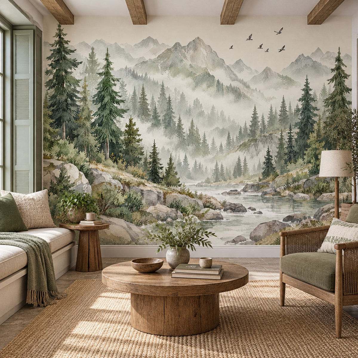 Misty Pine Forest Wallpaper Mural Watercolor Green Gray Mountains
