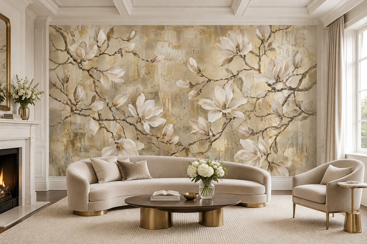 White Magnolia Flowers Wallpaper Mural, Textured Gold Beige Botanical Branches