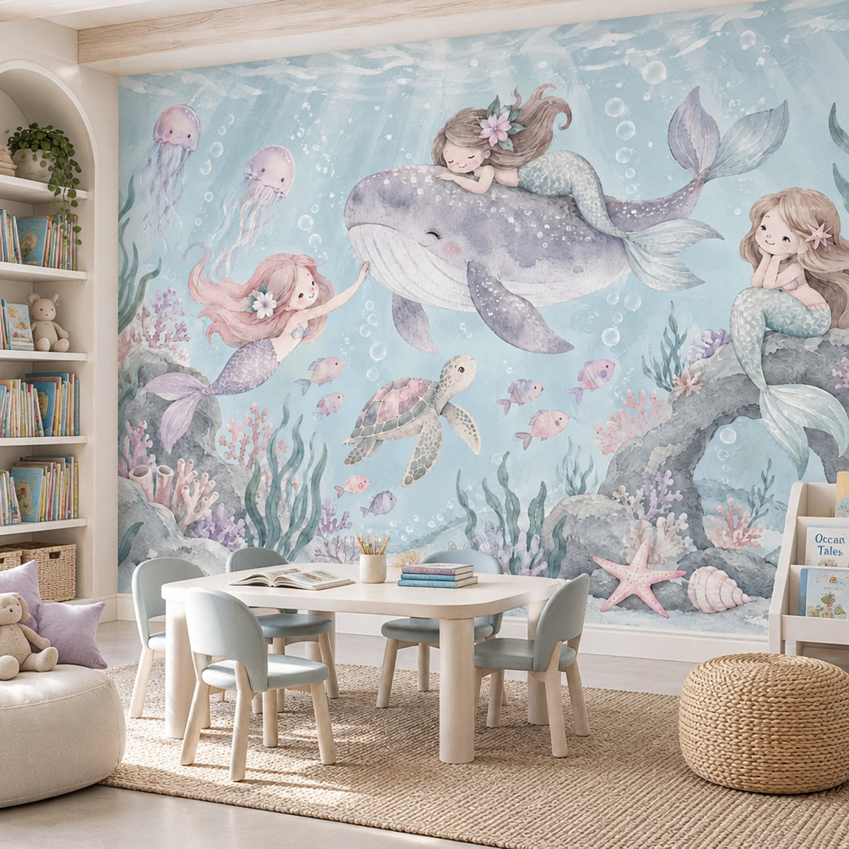 Mermaids On Smiling Whale Wallpaper Mural Pastel Watercolor Ocean