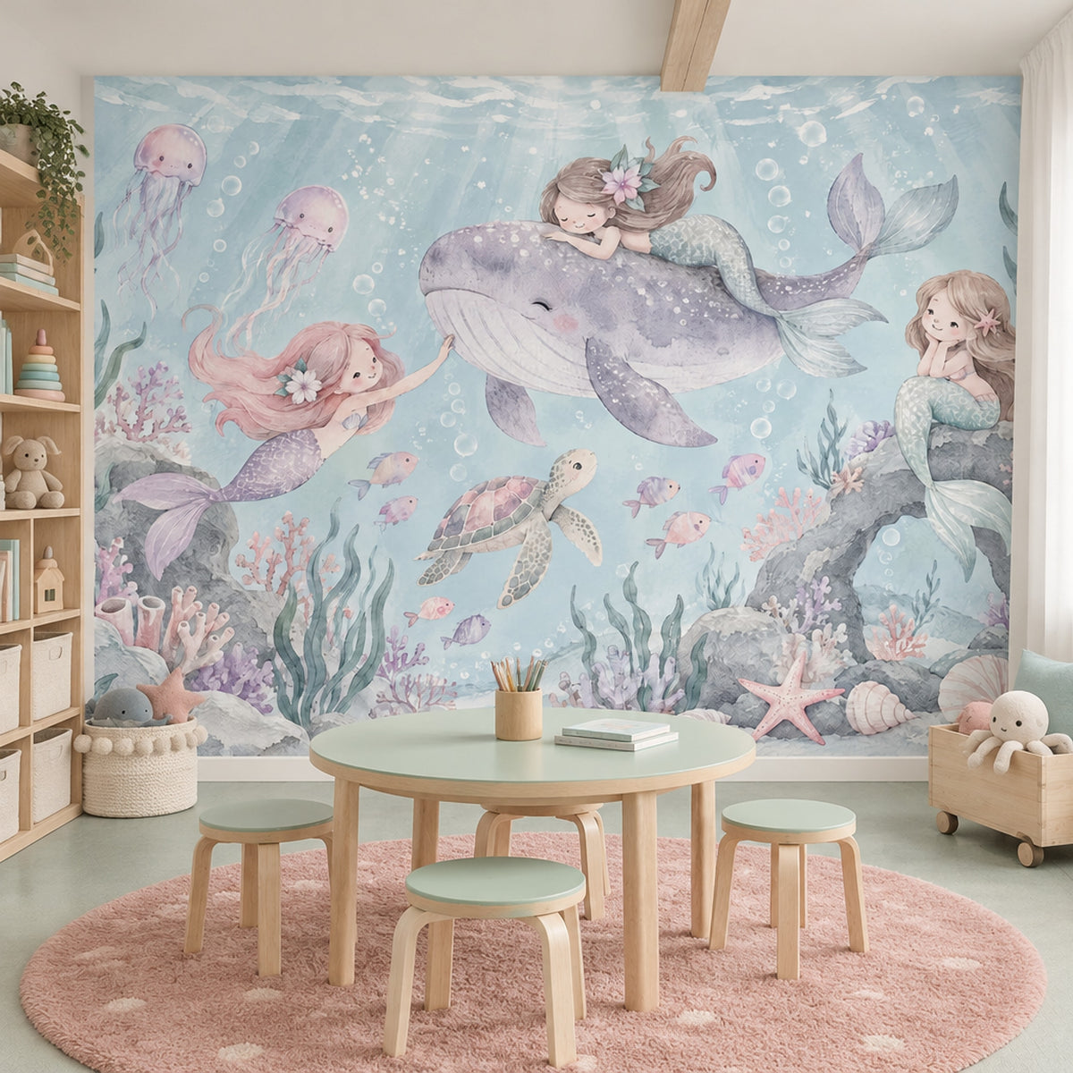 Mermaids On Smiling Whale Wallpaper Mural Pastel Watercolor Ocean