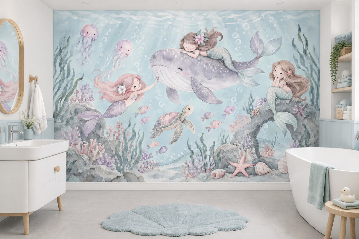 Mermaids On Smiling Whale Wallpaper Mural Pastel Watercolor Ocean
