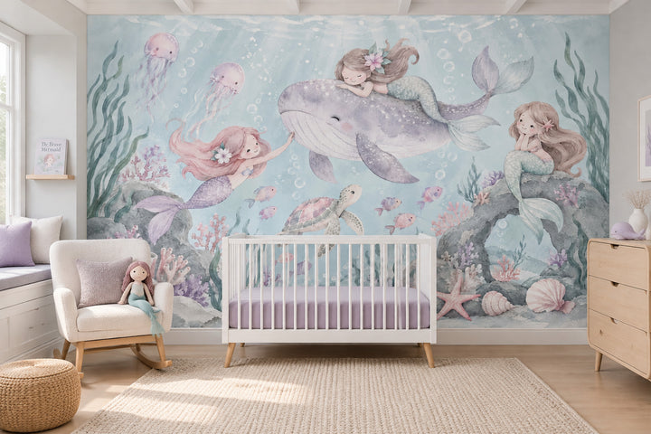 Mermaids On Smiling Whale Wallpaper Mural Pastel Watercolor Ocean