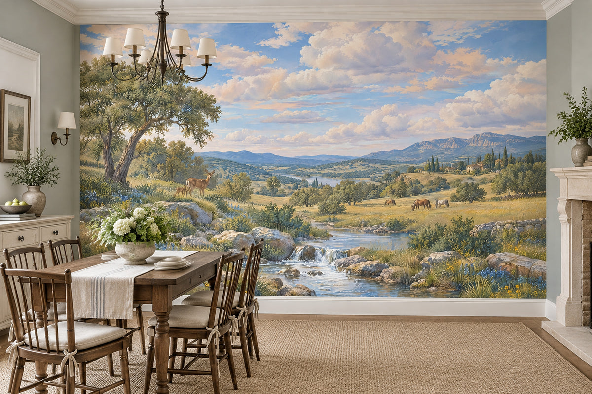 Deer And Stream Pastoral Landscape Wallpaper Mural Blue Sky Traditional