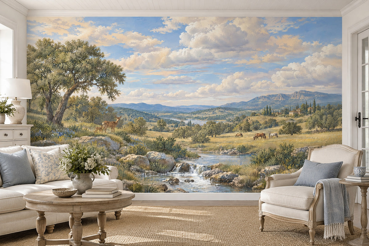 Deer And Stream Pastoral Landscape Wallpaper Mural Blue Sky Traditional