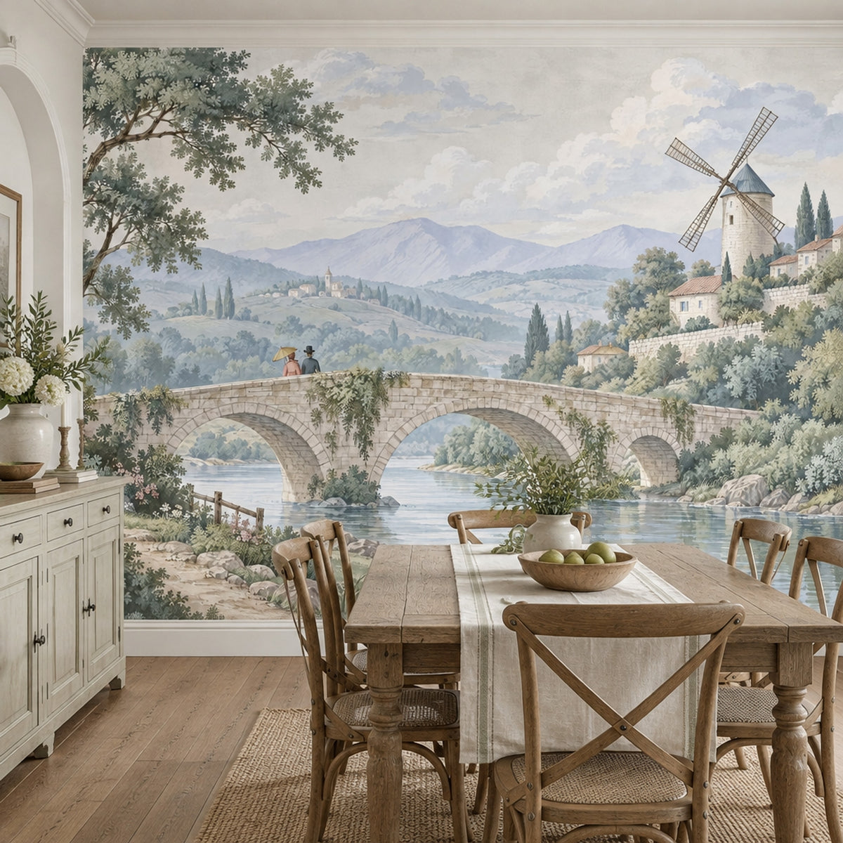 Stone Bridge And Windmill Wallpaper Mural, Pastel Watercolor Countryside