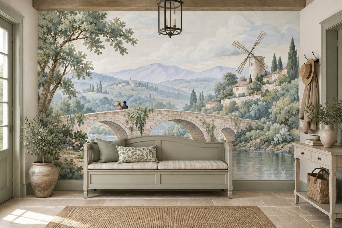 Stone Bridge And Windmill Wallpaper Mural, Pastel Watercolor Countryside