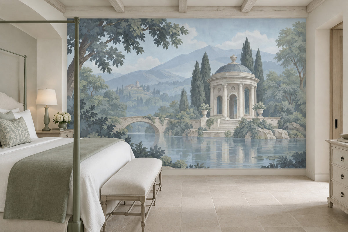 Neoclassical Pavilion Lake Scene Wallpaper Mural, Soft Blue Vintage Inspired Landscape