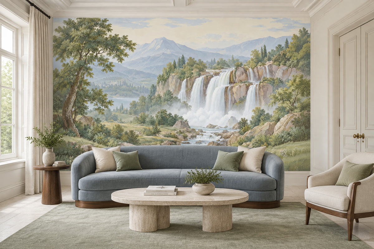 Layered Waterfall Landscape Wallpaper Mural Vintage Inspired Pastel Mountains