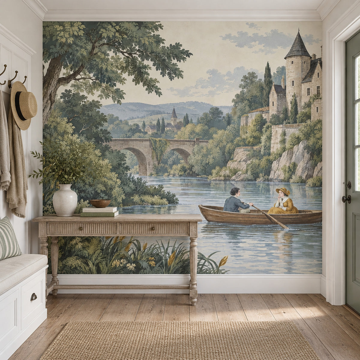 Romantic River Boat Scene Wallpaper Mural Vintage Inspired Pastel Landscape
