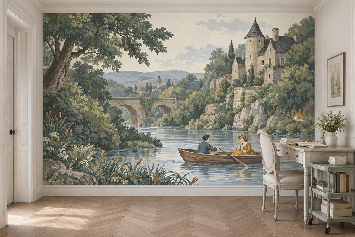 Romantic River Boat Scene Wallpaper Mural Vintage Inspired Pastel Landscape