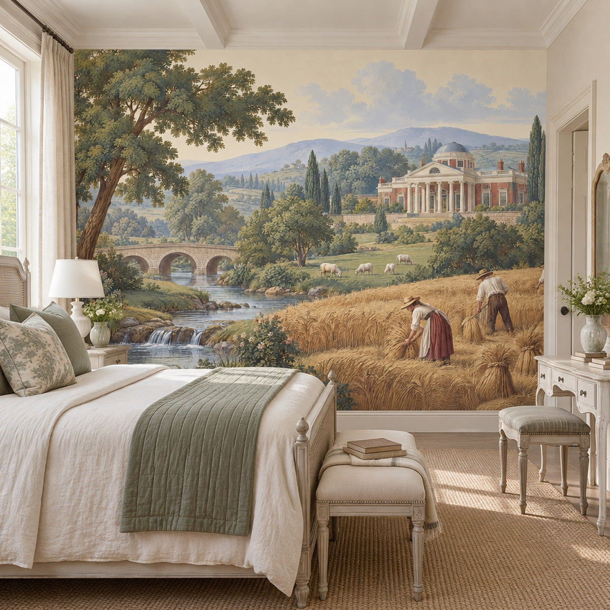 European Manor Countryside Wallpaper Mural Vintage Inspired Pastoral Landscape