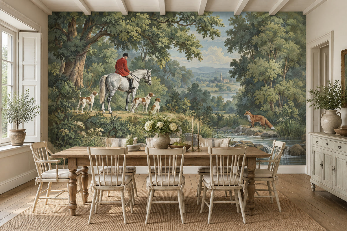 Hunter On White Horse Wallpaper Mural Vintage Inspired Green Scenic Landscape