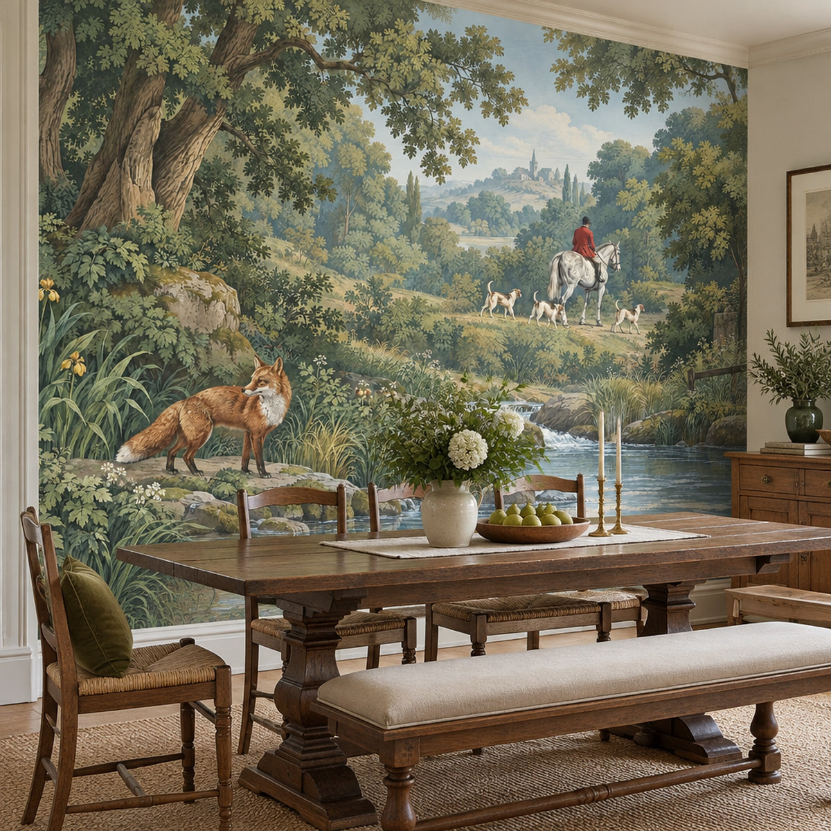 Fox And Horse Rider Wallpaper Mural Vintage Inspired Green Countryside Landscape