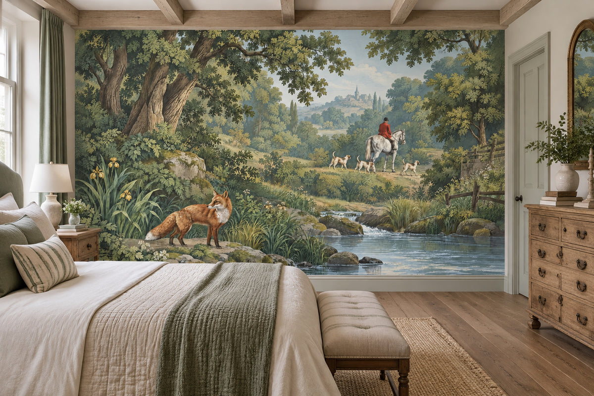 Fox And Horse Rider Wallpaper Mural Vintage Inspired Green Countryside Landscape