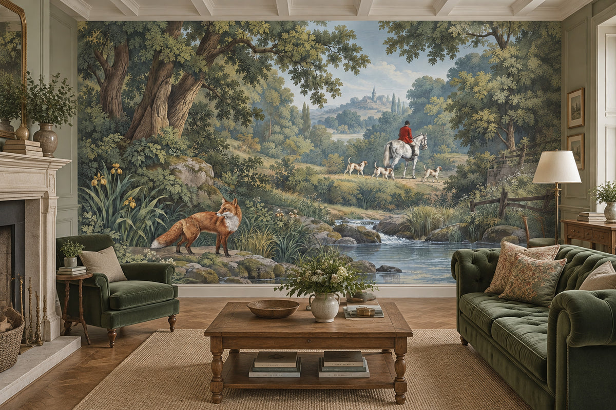 Fox And Horse Rider Wallpaper Mural Vintage Inspired Green Countryside Landscape