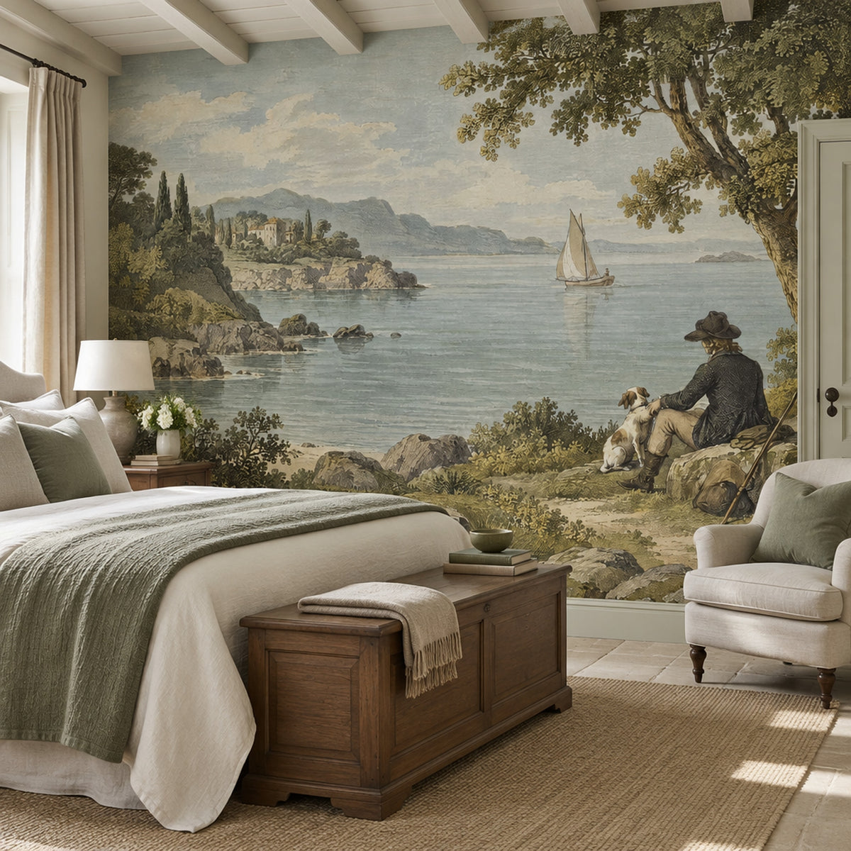 Vintage Inspired Lakeside Sailboat Wallpaper Mural Muted Blue Engraving