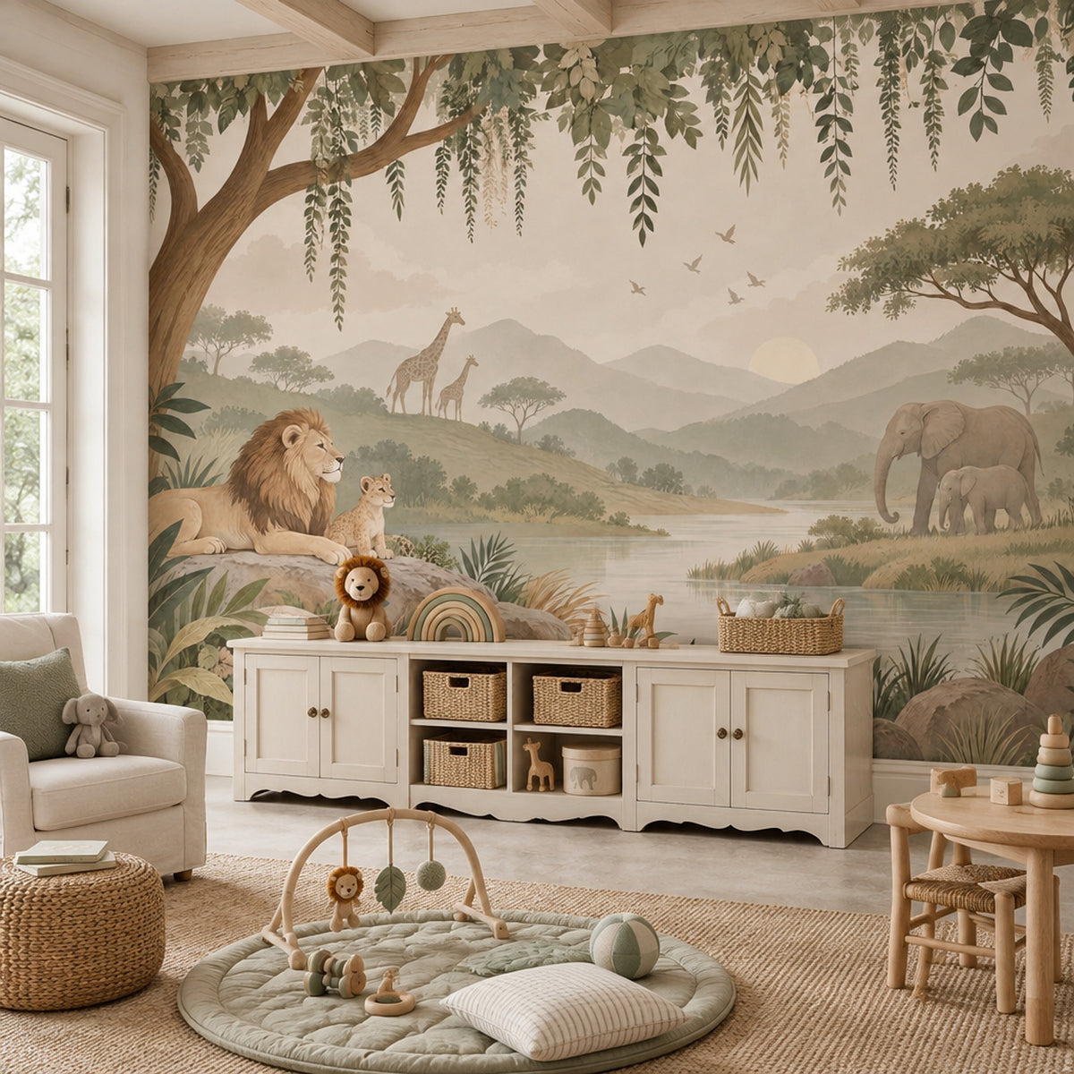 Safari Animals Wallpaper Mural Muted Green Watercolor Landscape