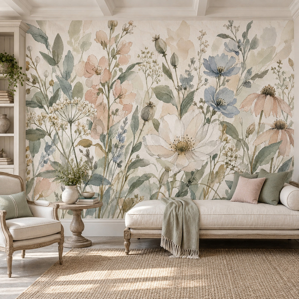 Pastel Wildflowers Wallpaper Mural Watercolor Botanical On Cream