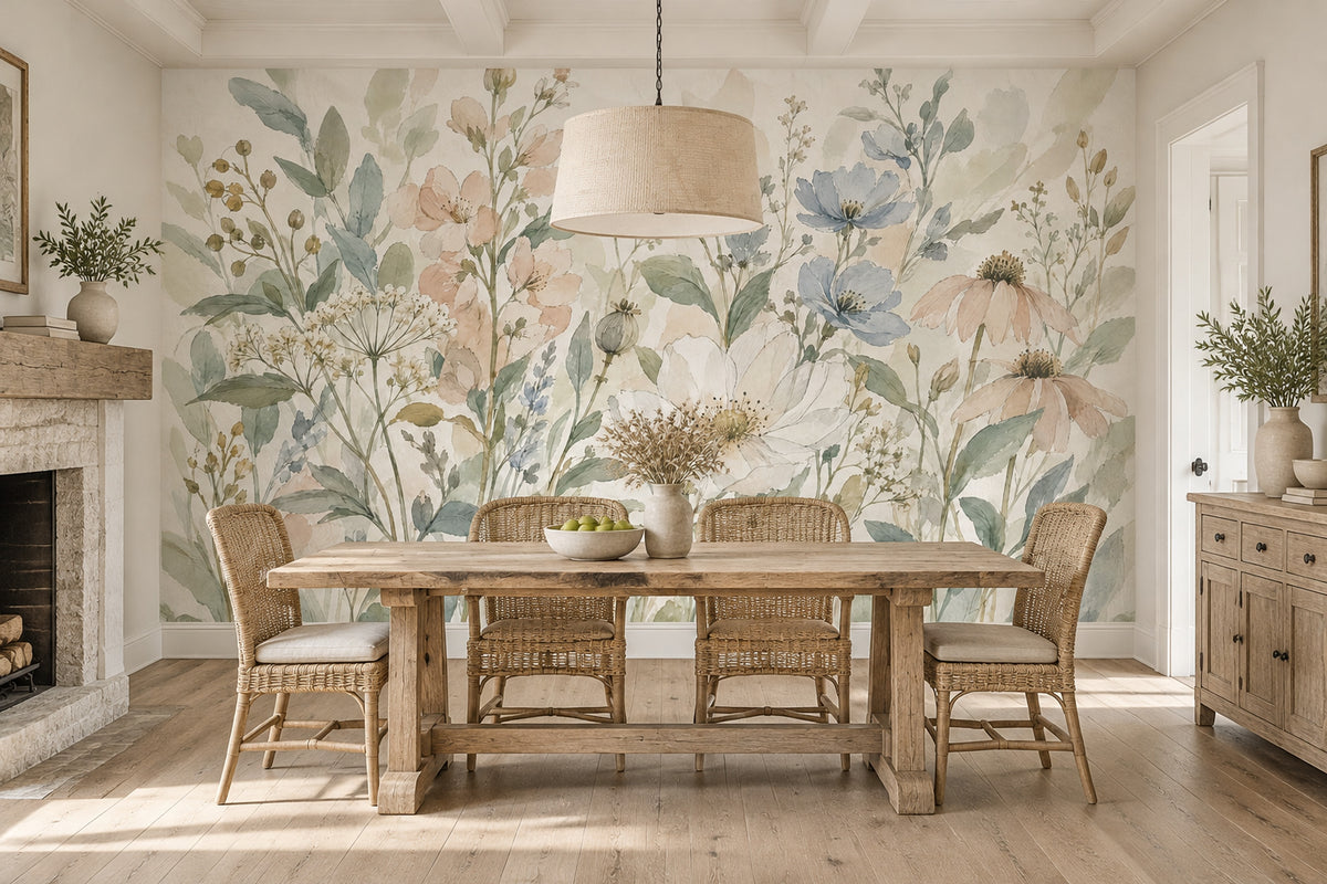 Pastel Wildflowers Wallpaper Mural Watercolor Botanical On Cream