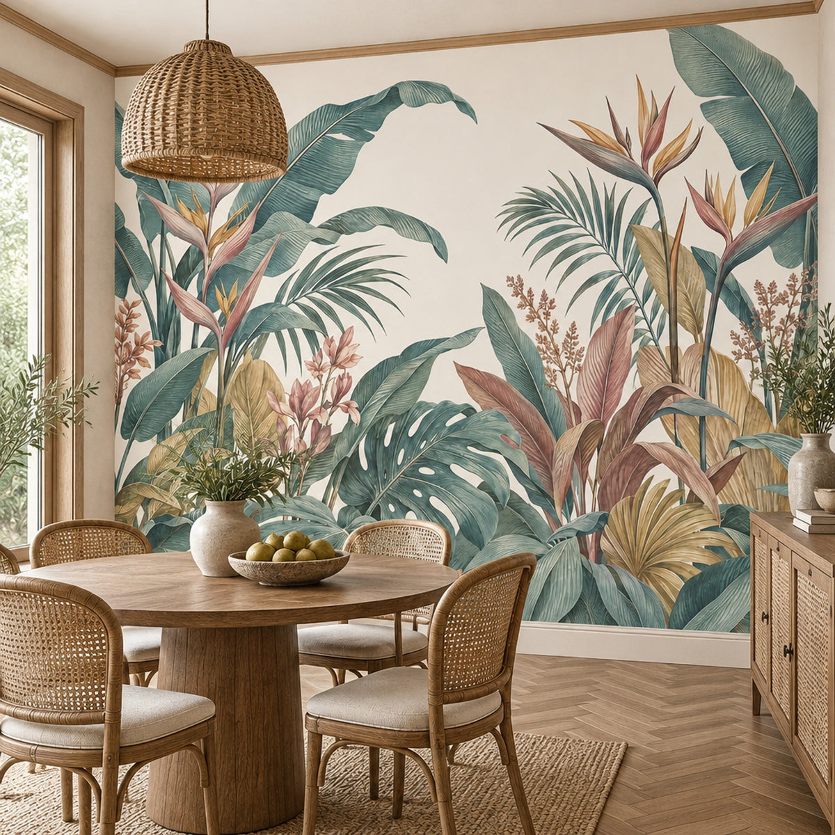 Monstera And Palm Leaves Wallpaper Mural, Cream Vintage Inspired Botanical