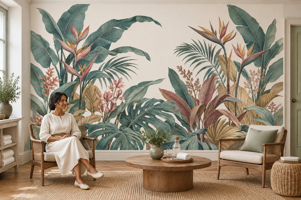 Monstera And Palm Leaves Wallpaper Mural, Cream Vintage Inspired Botanical