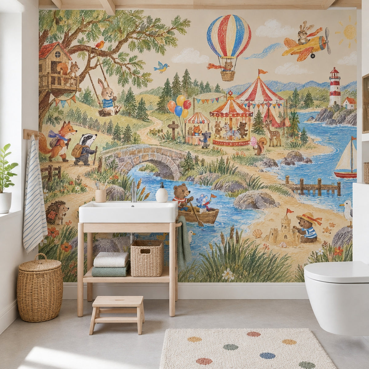 Woodland Animal Adventure Wallpaper Mural Pastel Storybook Panorama