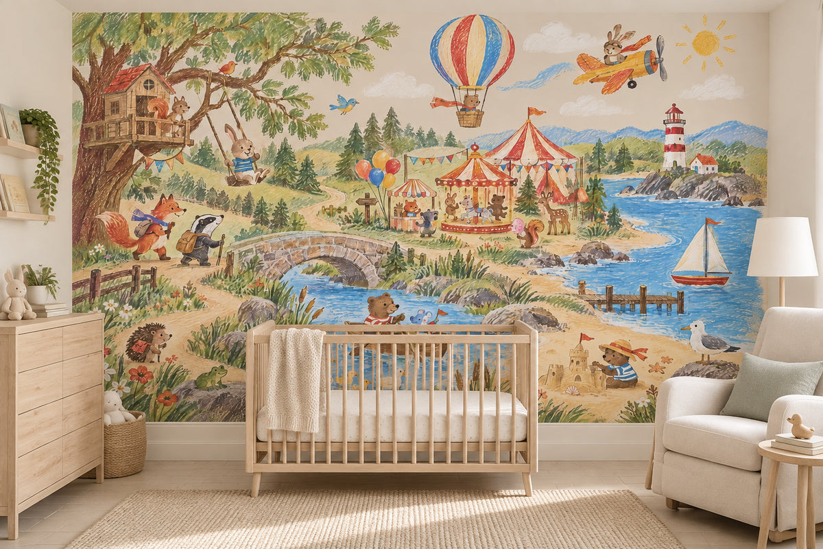 Woodland Animal Adventure Wallpaper Mural Pastel Storybook Panorama