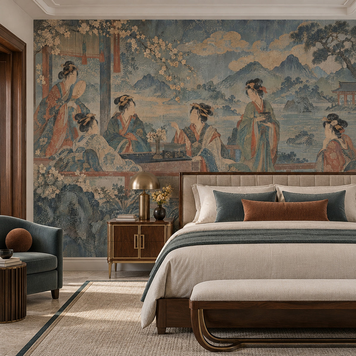 Kimono Figures Wallpaper Mural Vintage Inspired Japanese Landscape