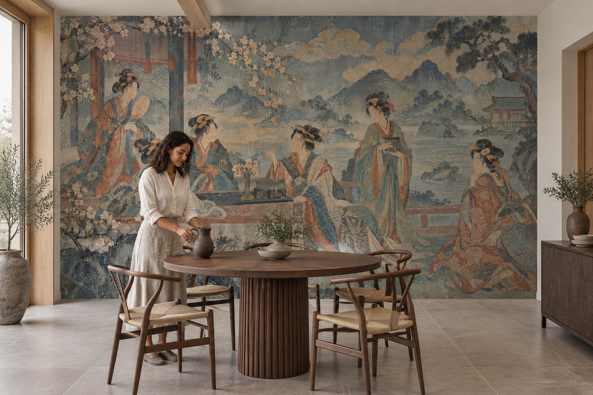 Kimono Figures Wallpaper Mural Vintage Inspired Japanese Landscape